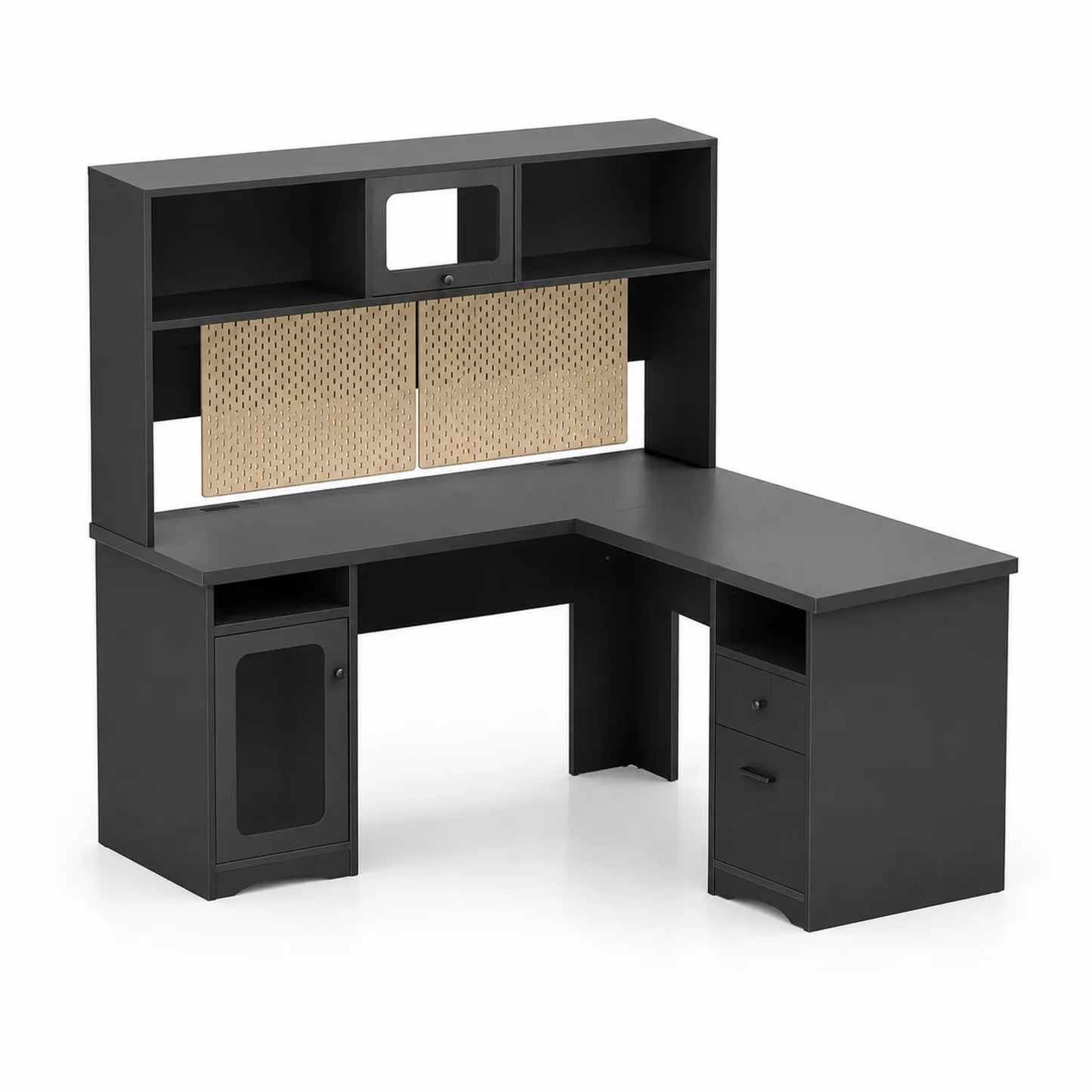 Eckschreibtisch Schwarz L-Form mit Regalen und Schubladen MDF
