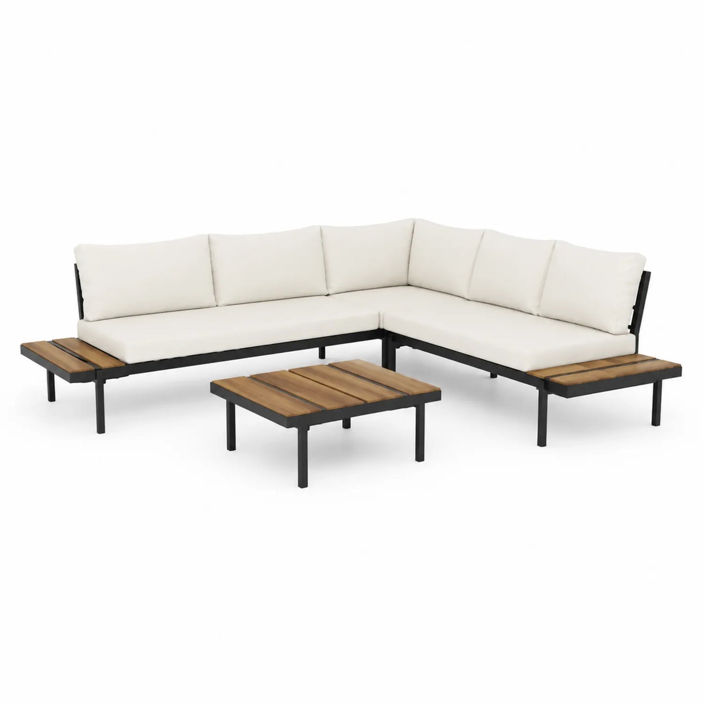 Outdoor-Ecksofa-Set mit Tisch Beige Aluminium Akazienholz