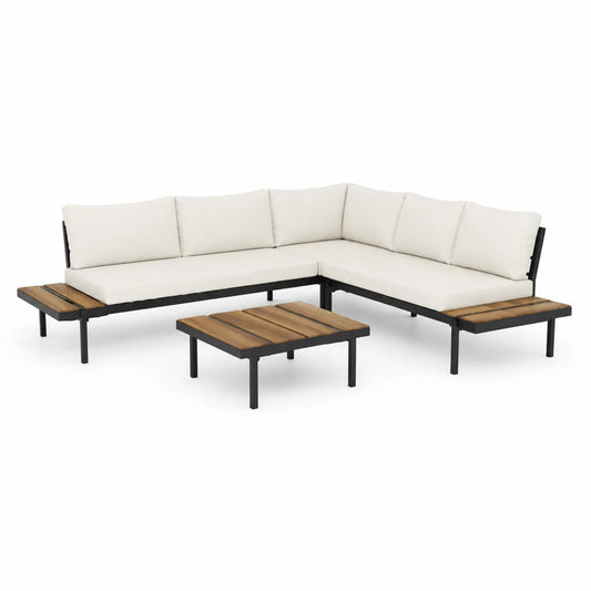 Outdoor-Ecksofa-Set mit Tisch Beige Aluminium Akazienholz