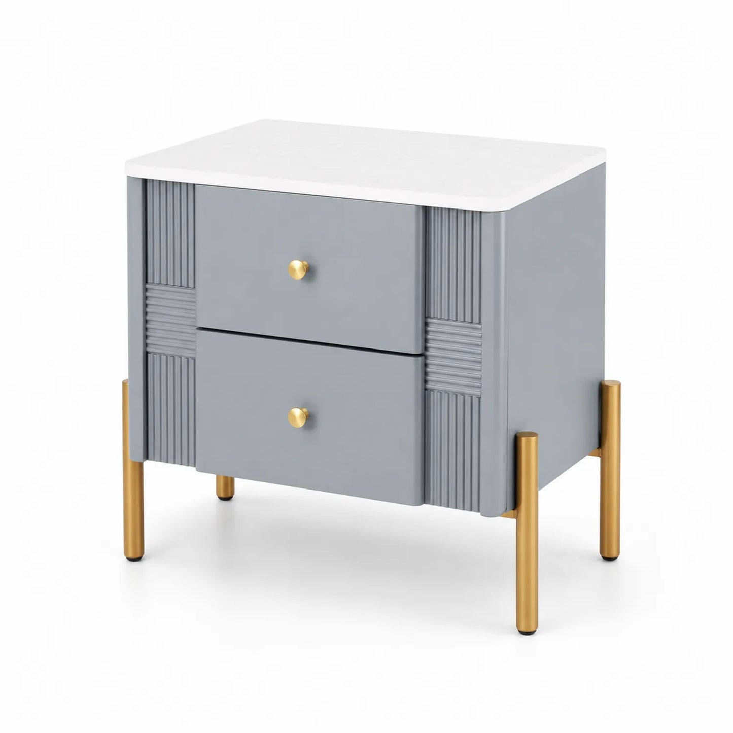 Nachttisch mit zwei Schubladen, MDF und Metallbeinen, Grau/Gold
