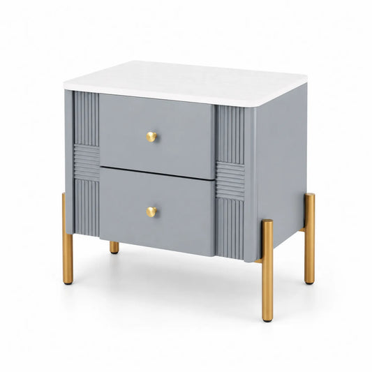 Nachttisch mit zwei Schubladen, MDF und Metallbeinen, Grau/Gold