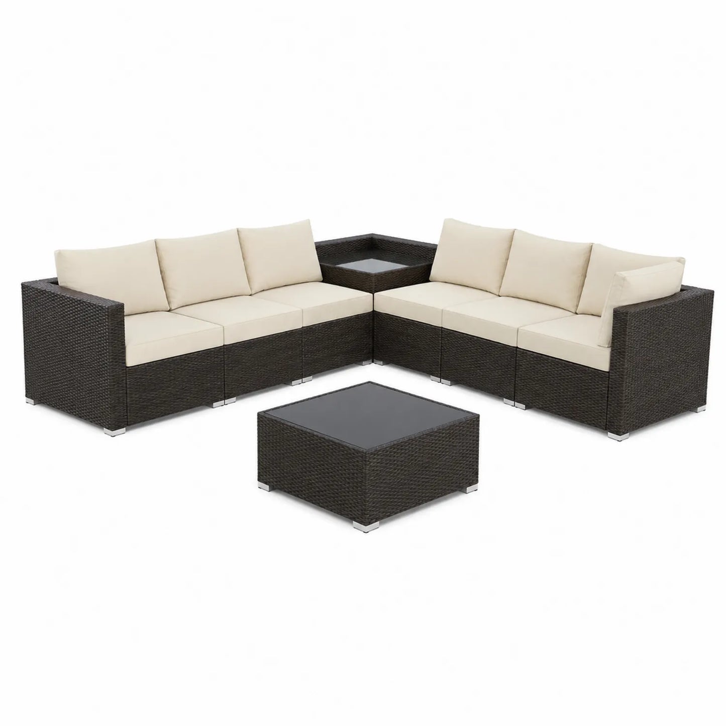 Outdoor Ecksofa Set Polyethylen Rattan Beige Dunkelgrau mit Tisch