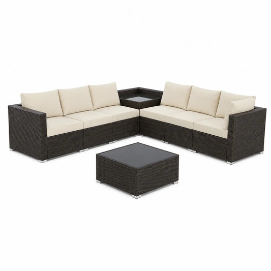 Outdoor Ecksofa Set Polyethylen Rattan Beige Dunkelgrau mit Tisch